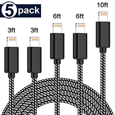 TNSO MFi Certified iPhone Charger Lightning Cable 5 Pack [3/3/6/6/10FT] Extra Long Nylon Braided USB Charging & Syncing Cord Compatible iPhone Xs/Max/XR/X/8/8Plus/7/7Plus/6S/6S Plus/SE/iPad/Nan More