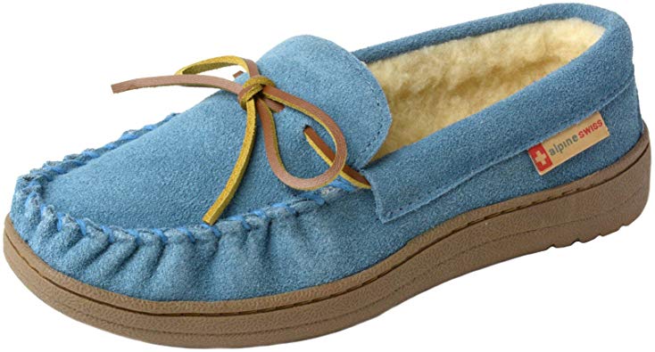 alpine swiss Sabine Womens Genuine Suede Shearling Slip On Moccasin Slippers