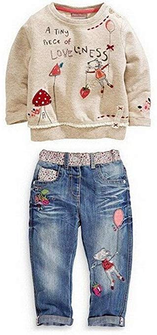 Kids Baby Girl Children Floral Long T-Shirt Top Jean Pants Set Outfit