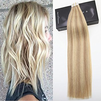 LaaVoo 18" 20pcs/50g Tape in Extensions 100% Remy Human Hair Extensions Ash Blonde #18 and Bleach Blonde #613 Highlights