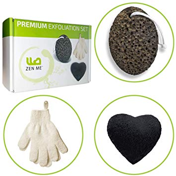 Premium 3 in 1 Body Scrub Gift Set - Pumice Stone for Corns and Callus, Exfoliating Gloves for Body, Konjac Sponge Charcoal Face Scrubber for Smooth Skin from Head to Toe