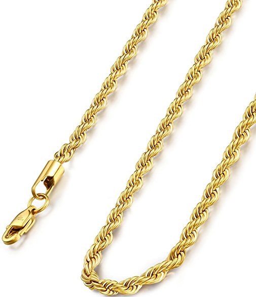 FIBO STEEL 4MM Stainless Steel Mens Womens Necklace Twist Rope Chain, 16-36 inches