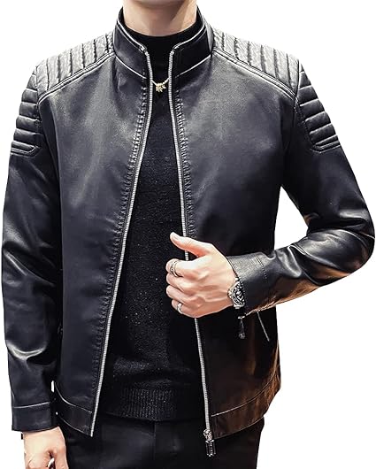 Womleys Mens Casual Stand Collar Slim Fit Faux Leather Jacket Biker Motorcycle Jacket