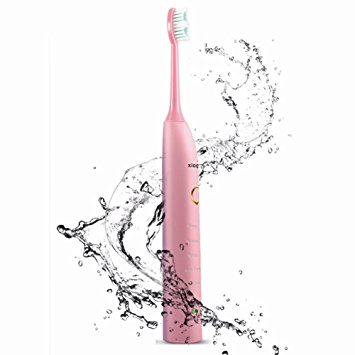 Rechargeable Electric Toothbrush - 321OU Waterproof Fully Washable Sonic Rechargeable Electric Toothbrush with 2 Replacement Heads 5 Brushing Modes 100 Days Use for Women Men Kids (Pink)