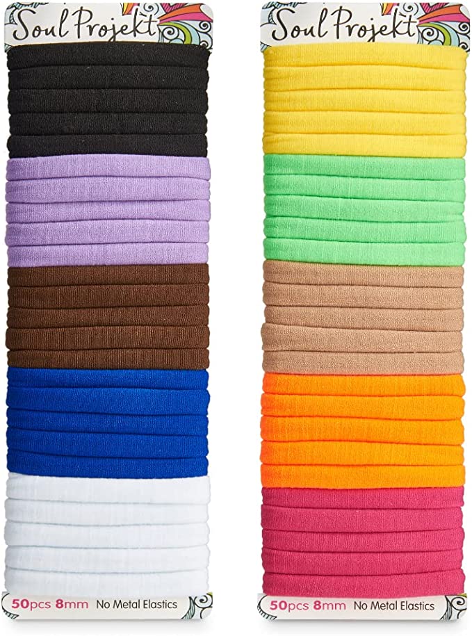 Soul Projekt Multi Coloured Hair Bands 50 Pack 8mm, Metal Free Hair Bobbles, Girls Gifts No Damage Elastic Hair Ties Thick Blond Hair Band for Women Gift Idea, Christmas Stocking Filler Gifts for Her