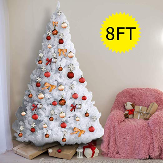 Goplus Artificial Christmas Tree Xmas Pine Tree with Solid Metal Legs Perfect for Indoor and Outdoor Holiday Decoration (8 feet, White)