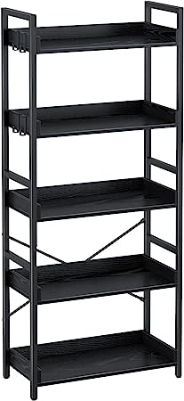 Rolanstar Bookshelf 5 Tier with 4 Hooks, Industrial Wood Bookcase, Vintage Storage Rack with Open Shelves, Rustic Standing Bookshelves Metal Frame Display Rack for Living Room, Bedroom, Black