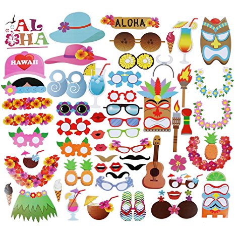 Faburo 60 Pcs Hawaiian Photo Booth Props Kit for Holiday,Summer Festivals Celebrations, Beach Pool parties