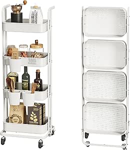 DTK 4 Tier Foldable Rolling Cart, Metal Utility Cart with Lockable Wheels, Folding Storage Trolley for Living Room, Kitchen, Bathroom, Bedroom and Office, White