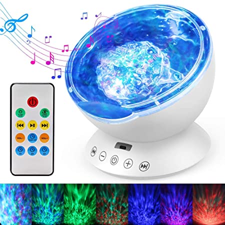 Ocean Wave Projector, Remote Control Night Light Lamp 12 LEDs & 7 Color Changing Modes LED Night Light Projector Lamp Built-in Mini Music Player for Baby Kids Adult Bedroom Living Room（White)