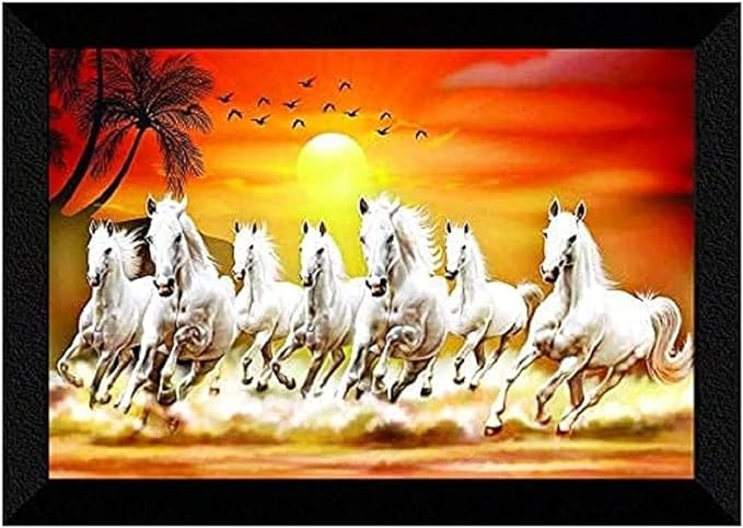 SAF 7 Running Horses at Sunrise Vastu UV Textured Multi-Effect Framed Animals Painting (Multicolour, AANFM173, 20 x 14 inch)