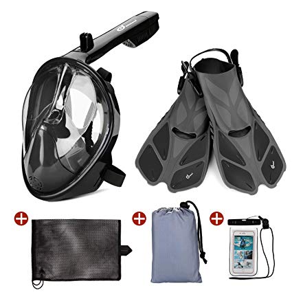 Odoland 5-in-1 Snorkeling Packages, Full Face Snorkel Mask with Adjustable Swim Fins and Lightweight Backpack and Waterproof Case - GoPro Compatible