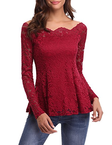 iClosam Women Sexy Off Shoulder A-line Long Sleeve Floral Lace Shirt Tops