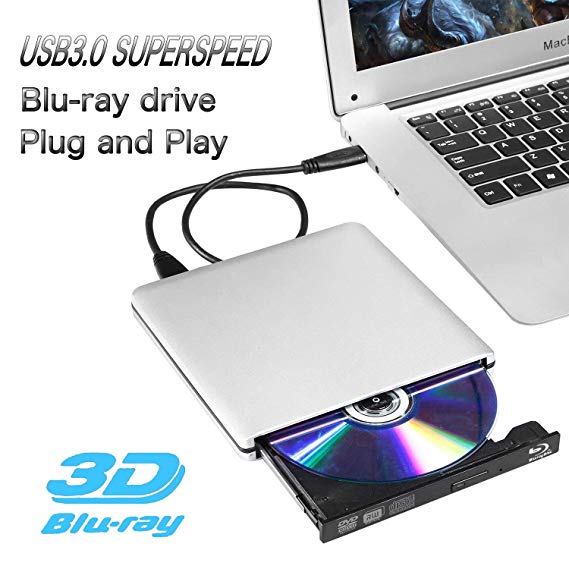 External Blu ray Drive,Ploveyy USB 3.0 4K 3D Blu Ray External Blu Ray Player Writer Portable BD/CD/DVD Burner Drive Polished Metal Chrome for Windows, Mac OS Laptop, PC, Computer