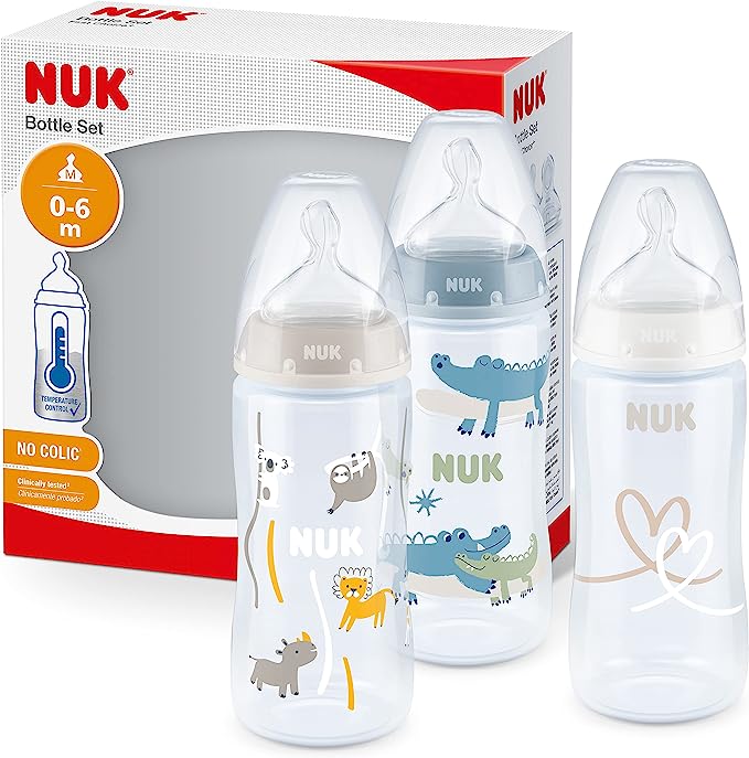 NUK First Choice  Baby Bottles Set | 0-6 Months | Temperature Control | Anti Colic Vent | 300 ml | BPA-Free | Silicone Teat | 3 Count | Safari