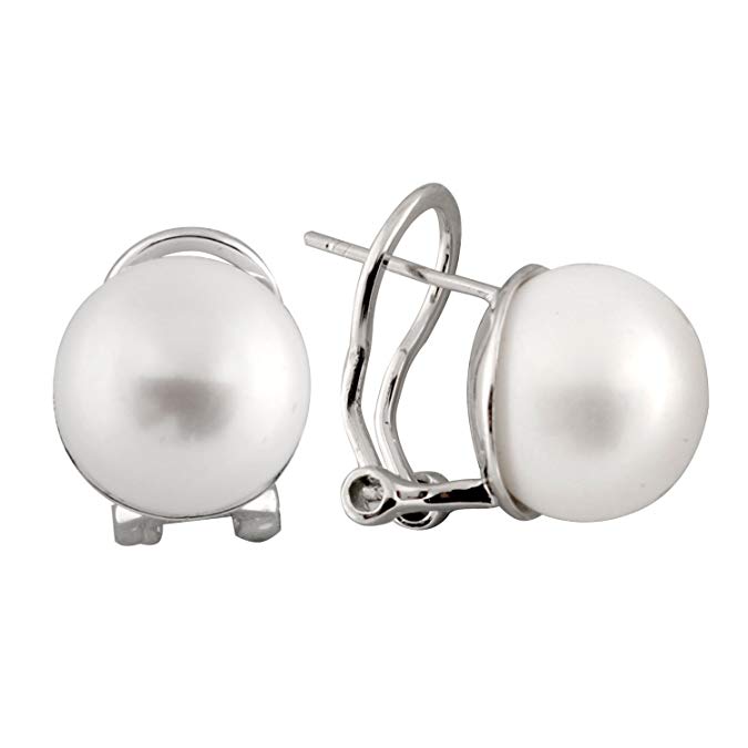 925 Sterling Silver French Clip Omega Earrings AA Quality 13mm Button Freshwater Cultured Pearls