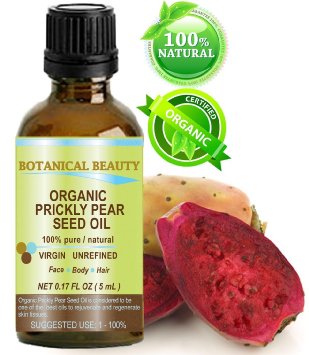 PRICKLY PEAR CACTUS SEED OIL ORGANIC. 100% Pure / Natural / Undiluted / Virgin / Unrefined Cold Pressed Carrier oil. 0.17 Fl.oz.- 5 ml. For Skin, Hair, Lip and Nail Care. "One of the richest in magnesium, amino acids, vitamins C, E, K and B, beta carotene, iron, calcium, potassium, Omega 3, 6 and 9 Essential Fatty Acids and many other nutrients. This oil is a very potent antioxidant." by Botanical Beauty