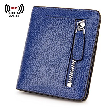 S-ZONE Women's Genuine Leather RFID Blocking Bifold Pocket Small Wallet Coin Holder