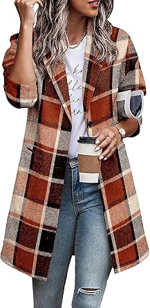 Zeagoo Women 2023 Plaid Jacket Mid Length Trench Coat Fall Wool Pea Coat with Pockets