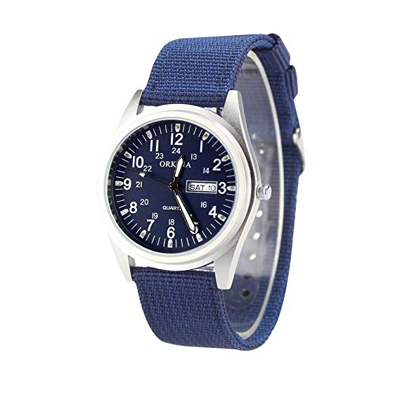 KTC Navy Blue Dial Matt Silver Case Quartz Date Display Nylon Fabric Strap Casual Fashion Wrist Watch