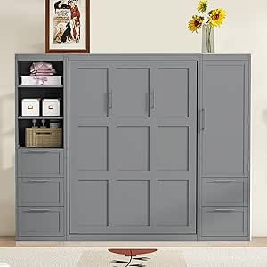 Harper & Bright Designs Queen Size Murphy Bed with Closet, Wall Bed with Drawers and Shelves, Gray