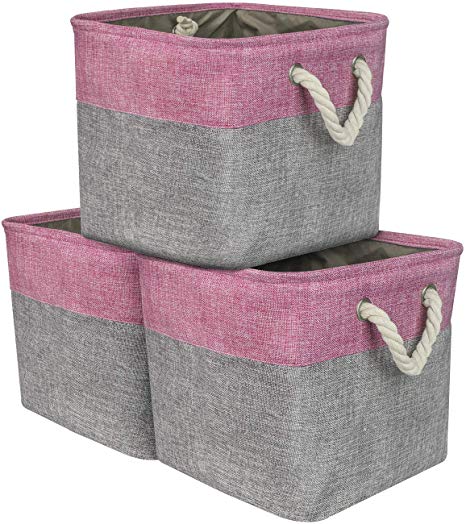 Sorbus Cube Storage Bins Basket Set [3-Pack] Large Square Cube Fabric Collapsible Organizer Bin with Cotton Rope Carry Handles for Linens, Toys, Clothes (Pink)