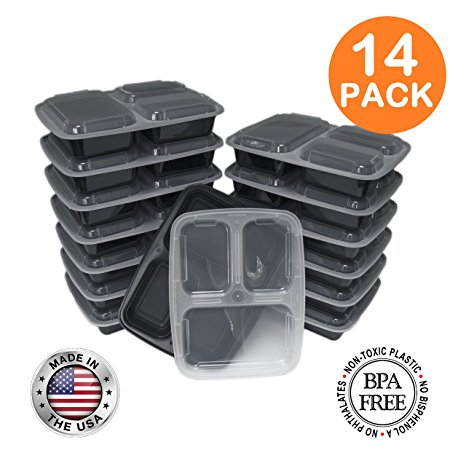 3 Compartment Meal Prep Containers with Lids, Food Storage Lunch Bento Box with Plate Dividers, US Made, 32 oz, Microwave & Dishwasher Safe, Stackable, Reusable, Black [14 Pack]