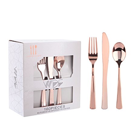160 Piece Rose Gold Heavyweight Disposable Cutlery Set - Plastic Silverware Flatware - Includes 80 Forks, 40 Spoons, 40 Knives - WDF (Rose Gold)