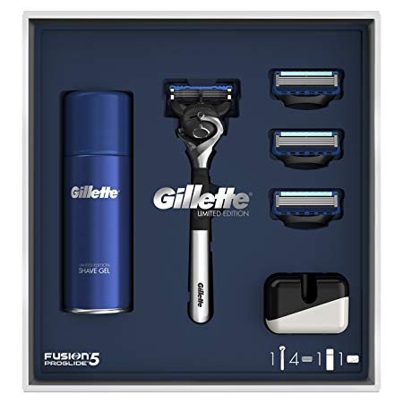 Gillette Fusion5 Proglide Chrome Razor Limited Edition Gift Pack with 3 Blade Refills, Shaving Gel   Razor Stand