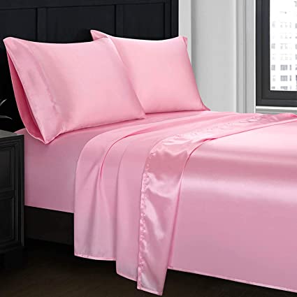 Homiest 4pcs Satin Sheets Set Luxury Silky Satin Bedding Set with Deep Pocket, 1 Fitted Sheet   1 Flat Sheet   2 Pillowcases (King Size, Pink)