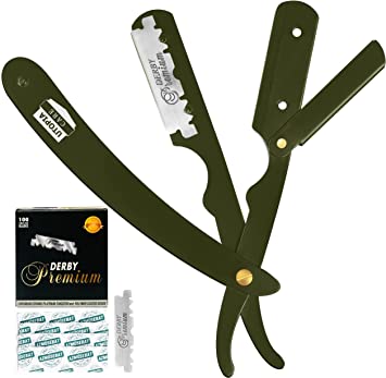 Utopia Care Professional Barber Straight Edge Razor Safety with 100-Pack Derby Blades - 100 Percent Stainless Steel - (Green)