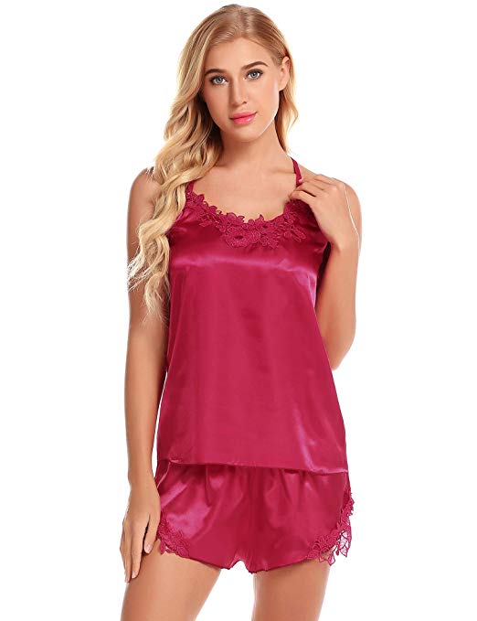 ELOVER Women Lingerie Satin Pajamas Set Lace Strap Camisole Shorts Set Sleepwear