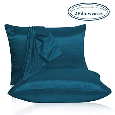 Leccod 2 Pack Shinny Silk Pillowcase with Hidden Zipper, Super Soft and Luxury Satin Pillow Cases Covers for Hair and Skin (Upgrade Zipper Peacock Blue, Standard: 20x26)