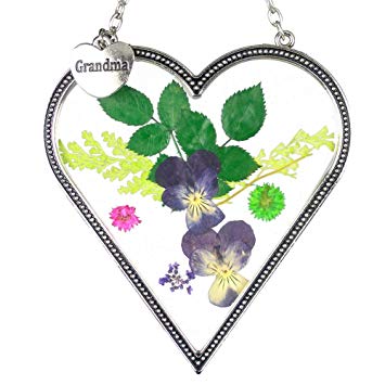 BANBERRY DESIGNS Grandma Heart Sun Catcher - Pressed and Dried Flowers in Stained Glass Heart with a Hanging Charm Engraved Grandma - Mother's Day