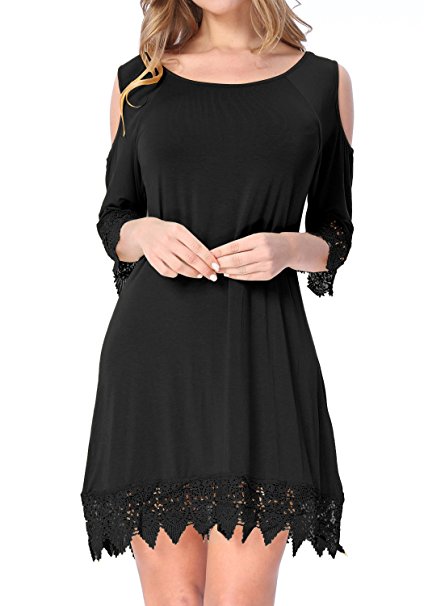 Levaca Womens 3/4 Sleeve Off Shoulder Lace Patchwork Loose Casual Dress Extender