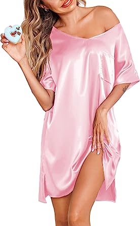 eshion Women Satin Nightgowns Short Sleeve Silk Sleepwear V Neck Boyfriend Casual Dresses with Chest Pocket S-XXL