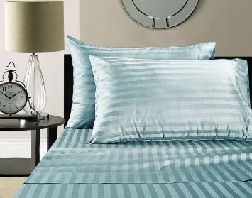 Luxury 100% Egyptian Cotton 500 Thread Count Damask Stripe Sheet Set (Queen, Sky Blue)