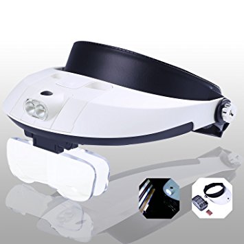 Yoctosun LED Light Hands Free Headband Illuminated Magnifier Visor -1X to 3.5X Zoom with 6 Detachable Lenses-Headset Head Mounted Magnifying Glasses with Lights for Reading ,Jewelry loupe, Watch Electonic Repair