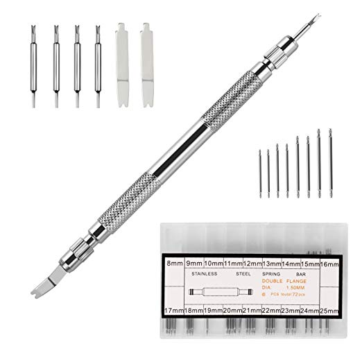 81 in 1 Spring Bar Tool Watch Band Revomer Set,Link Removal Repair Kit with Extra 8 Tips   72PCS Watch Strap Pin   1PCS Tweezers   1PCS Cleaning Cloth