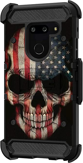 TurtleArmor | Compatible with LG G8 Case | LG G8 ThinQ Case | G820 [Armor Pro] Full Body Protection Armor Hybrid Kickstand Rugged Cover Holster Belt Clip Case - US Flag Skull