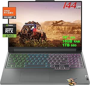 Lenovo Legion Slim 5 Gaming Laptop 16" WUXGA IPS 144Hz AMD Zen 4 Hexa-Core Ryzen 5 7640HS 16GB RAM 1TB SSD GeForce RTX 4060 8GB Graphic RGB Backlit Rapid Charge Pro Win11 Grey   HDMI Cable