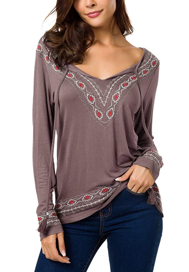 Urban CoCo Women's Long Sleeve Boho Tops Tie Neck Embroidered Detail