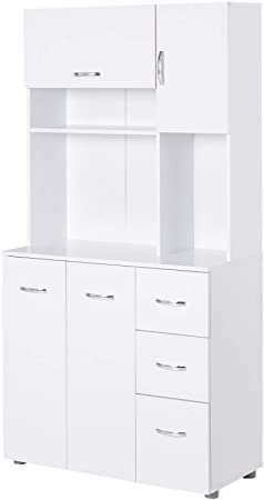 HOMCOM 66" Wood Kitchen Pantry Storage Cabinet Microwave Hutch with 4 Large Cabinets & Sleek Modern Design, White