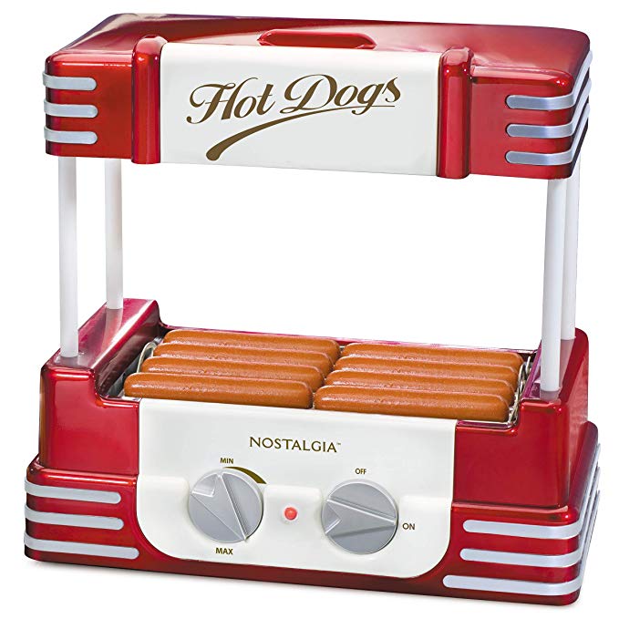 Nostalgia HDR8RR Hot Dog Warmer 8 Regular Sized, 4 Foot Long and 6 Bun Capacity, Stainless Steel Rollers, Perfect For Breakfast Sausages, Brats, Taquitos, Egg Rolls, Retro Red