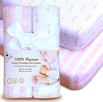 100% Organic Cotton Sheets for Pack 'n Play and Other Portable/Mini Cribs,Pink/White Girl's 2 Pack, for Playard Or up to 3" Mattress