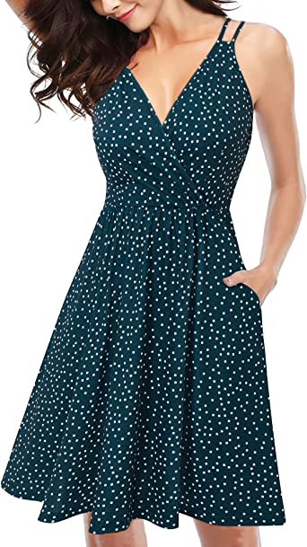 II ININ Women's 2023 Sundress V Neck Summer Casual Wrap Floral/Solid Dresses Spaghetti Strap Swing Dress with Pockets