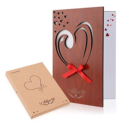 Unomor Valentine's Day Card Valentines Gift, Love Card Handmade Imitation Wood Anniversary Greeting Card with Gift Box