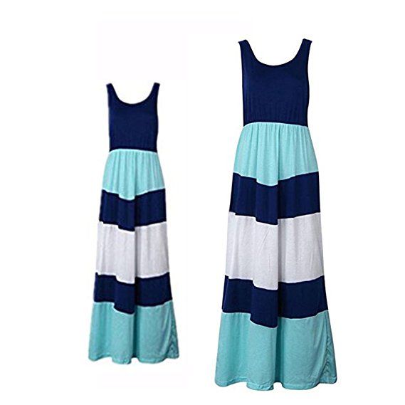 Helisopus Mother Daughter Stripe Dress Beach Long Maxi Matching Shirt Outfits