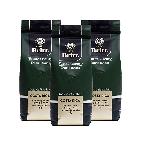 Café Britt - Costa Rican Dark Roast Coffee (12 oz.) (3-Pack) - Whole Bean, Arabica Coffee, Kosher, Gluten Free, 100% Gourmet & Dark Roast (1 Year Shelf-Life)