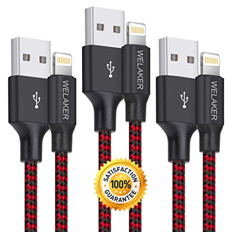 WELAKER iPhone Charger, 3 Packs 6Feet Nylon Braided USB Lightning Cable Charger Cord, for iPhone X/8/8Plus/7/7 Plus/6s/6s Plus/6/6 Plus/5/5S/5C/SE/iPad mini and iPod (Red)